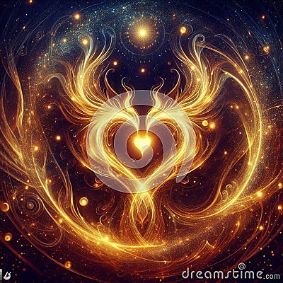 Golden burning heart. Twin flame logo. Esoteric concept of spiritual love. Illustration on black background for web Stock Photo