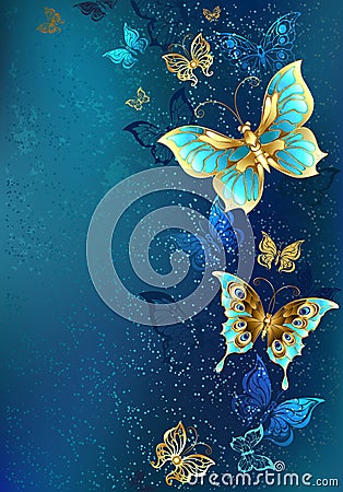Golden butterflies on a blue background Vector Illustration