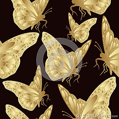 Golden butterfly seamless pattern. Luxury design, expensive jewelry. Vector Illustration