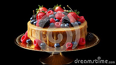 Golden Cake With Sliced Berries And Caramel - Realistic High-end Photography Stock Photo