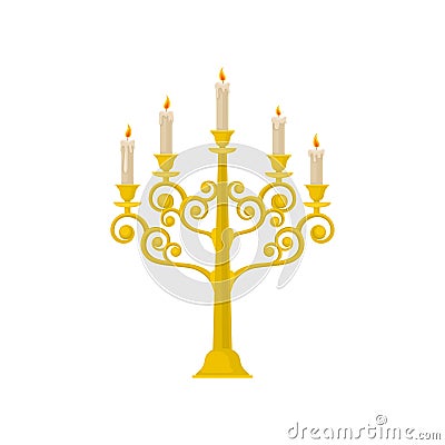 Golden candelabrum with burning candles, vintage candlestick vector Illustration on a white background Vector Illustration
