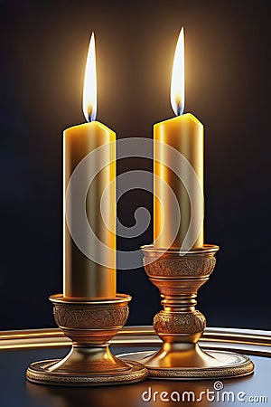 Golden candlesticks with burning candles on a soft dark background Stock Photo