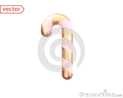 Golden Candy Cane Christmas Decoration. Gold and white spiral sweet candy 3D icon in glossy cartoon style. Object isolated on Vector Illustration