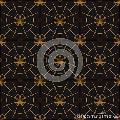 Golden Cannabis Leaves Seamless Vector Pattern in Line Art Retro Wallpaper Style for Medical Marijuana Package Design Vector Illustration