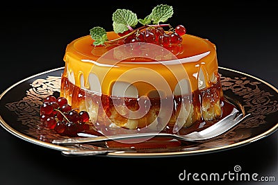 Golden caramel pudding over porcelain, ready to be enjoyed., generative IA Stock Photo