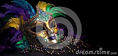 Golden carnival feather mask with colorful Mardi gras beads. Holidays banner Stock Photo