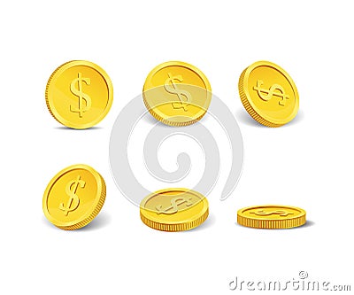 Golden casino coins in different positions isolated on white. Vector. Vector Illustration