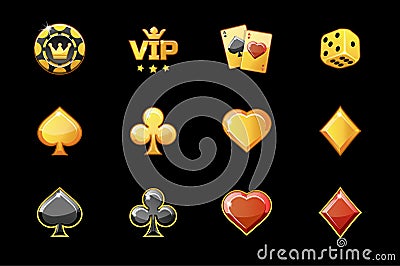 Golden casino icons, poker game symbols Vector Illustration