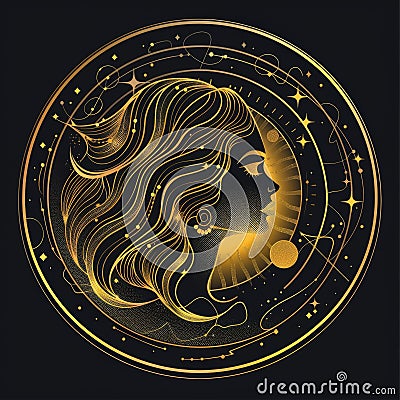 Golden Celestial Woman with Stars and Moon in Mystical Astrology Design Stock Photo