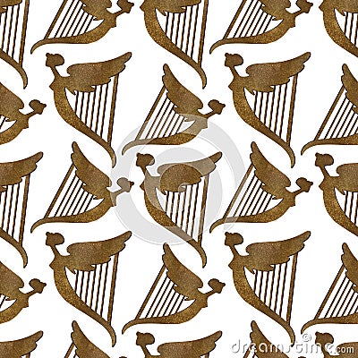 Golden Celtic harp with a female silhouette. Seamless pattern with symbols of Ireland. Wrapping paper for St Stock Photo