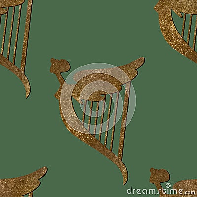 Golden Celtic harp with a female silhouette. Seamless pattern with symbols of Ireland. Wrapping paper for St Stock Photo