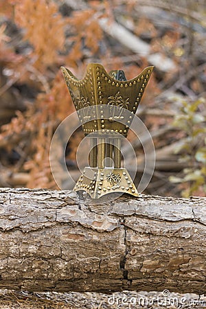 Golden censer incense burner on a wood log Stock Photo