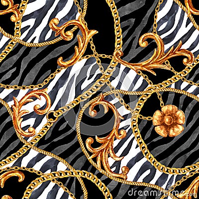 Golden chain glamour baroque style elements seamless pattern background Stock Photo