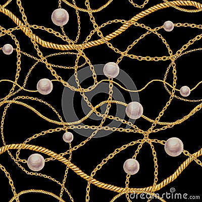 Golden chain glamour seamless pattern illustration. Watercolor texture with golden chains and white pearls Cartoon Illustration