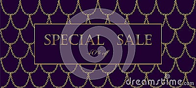 Golden chain luxury sale banner template. Dark deep purple gold fish scales. Promotional commercial offer invitation Vector Illustration