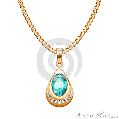 Golden chain necklace with diamonds and emerald gemstones pendant drop shape. Vector Illustration