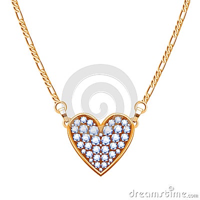 Golden chain necklace with diamonds gemstones pendant. Heart shape. Vector Illustration