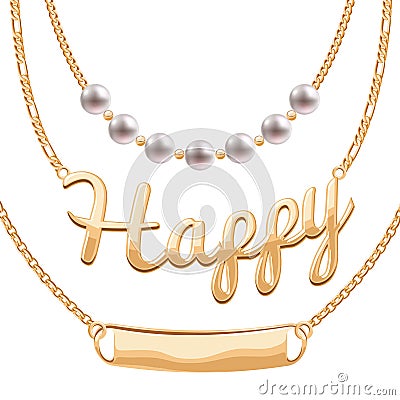 Golden chain necklaces set with pendants Vector Illustration