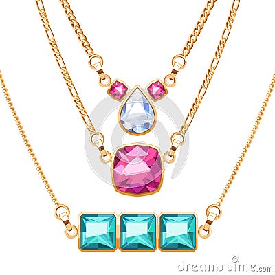 Golden chain necklaces set with ruby diamond and emerald gemstones pendants. Vector Illustration