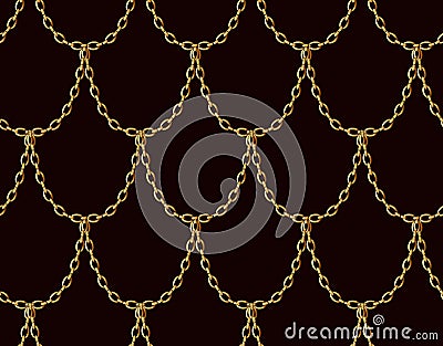 Golden chain seamless pattern on chocolate brown background. Gold Dragon scale art. Cartoon Illustration