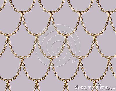 Golden chain seamless pattern on pale pink background. Gold Dragon scale art. Cartoon Illustration