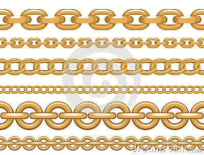 Golden chain set. Seamless realistic golden jewelry links. Luxury Thin metallic chains. Vector Vector Illustration