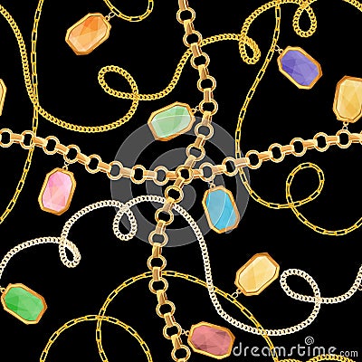 Golden Chains and Jewelry Elements Seamless Pattern. Luxury Fashion Fabric Design Print with Gold Chain and Gemstones Vector Illustration