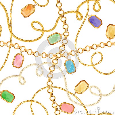 Golden Chains and Jewelry Elements Seamless Pattern. Luxury Fashion Fabric Design Print with Gold Chain and Gemstones Vector Illustration