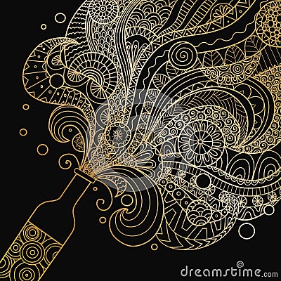 Golden champagne bottle celebration with zentangle art for design element. Vector illustration Vector Illustration