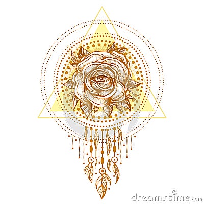 Golden chaplet, Rose flower With the eye, pattern of geometric shapes on white background. Tattoo design, mystic symbol Vector Illustration