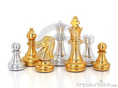 Golden chess group isolated on white background. Business strategy brainstorm. Teamwork Concepts Stock Photo