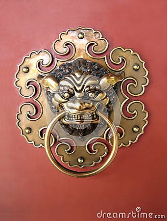 Temple ancient Red Door Golden Chinese Dragon Head Round handle door Knock Stock Photo