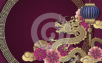 Golden Chinese dragon relief flower lantern cloud round lattice frame Stock Photo