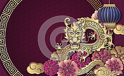 Golden Chinese dragon relief flower lantern cloud round lattice frame Stock Photo