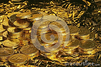 Golden chocolate coins Stock Photo