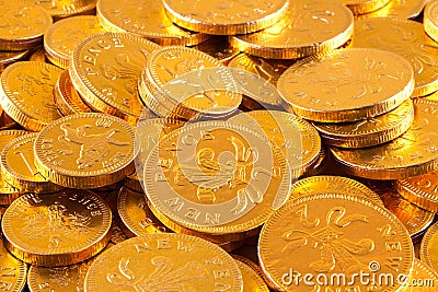 Golden chocolate coins Stock Photo