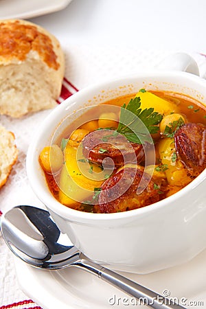 Golden chorizo and chickpea soup Stock Photo