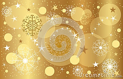 Golden Christmas background, close-up snacks, falling snow, loose stars, bokke effect Stock Photo