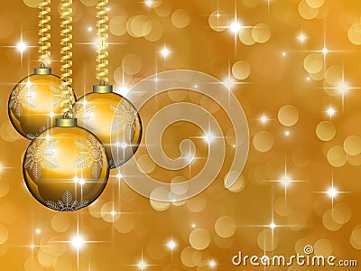 Golden Christmas background with stars and balls Stock Photo