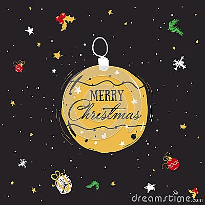 Golden christmas ball in cartoon style. Christmas decorations with the inscription `Merry Christmas`. Vector Illustration