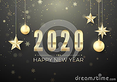 Golden Christmas ball and stars. New Year decoration background. Gold snowflakes and greeting text. Happy New Year 2020. Vector Vector Illustration