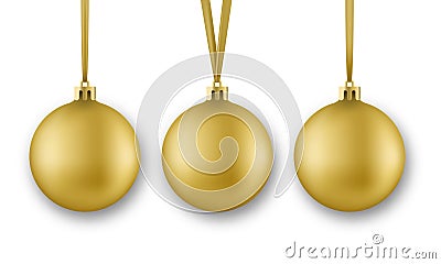 Golden Christmas balls. Realistic Christmas balls decorations with silk ribbon, isolated on white background Vector Illustration