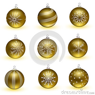 Golden Christmas balls. Set of isolated realistic decorations Vector Illustration