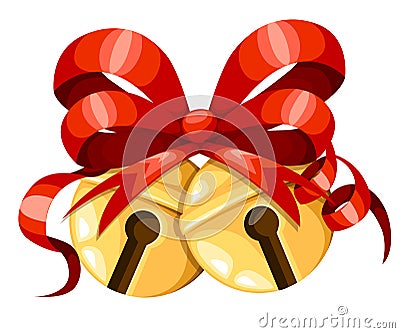 Golden Christmas bell balls with red ribbon and bow. Xmas decoration. Jingle bells icon. Vector illustration isolated on white bac Cartoon Illustration