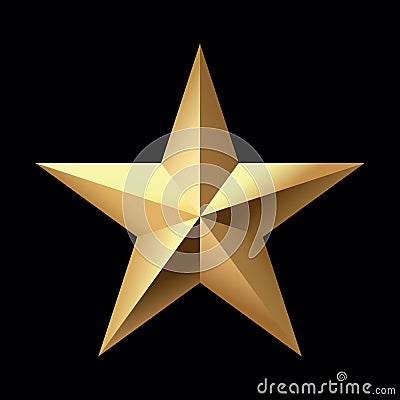 Golden Christmas 3d Star metal glossy bright shine five angle star shape isolated on black Background. Vector Illustration