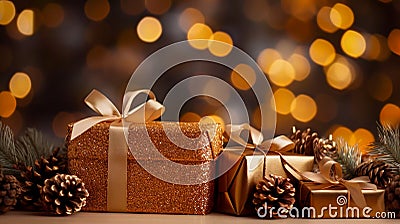 Golden Christmas and new year celebration image festive gift boxes in glitter wrap and ribbon bows generative AI Stock Photo