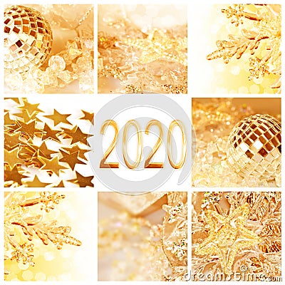 2020, golden christmas ornaments collage new year and holiday greeting card Stock Photo