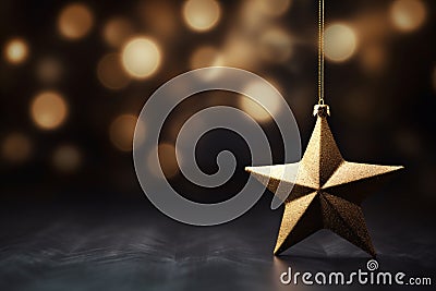 Golden Christmas Star with Bokeh Light Blurred Background Stock Photo