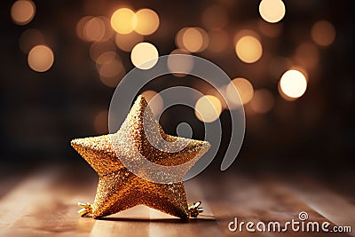 Golden Christmas Star with Bokeh Light Blurred Background Stock Photo