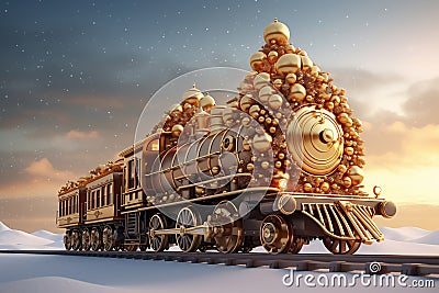 Golden Christmas steam locomotive in the winter forest Stock Photo
